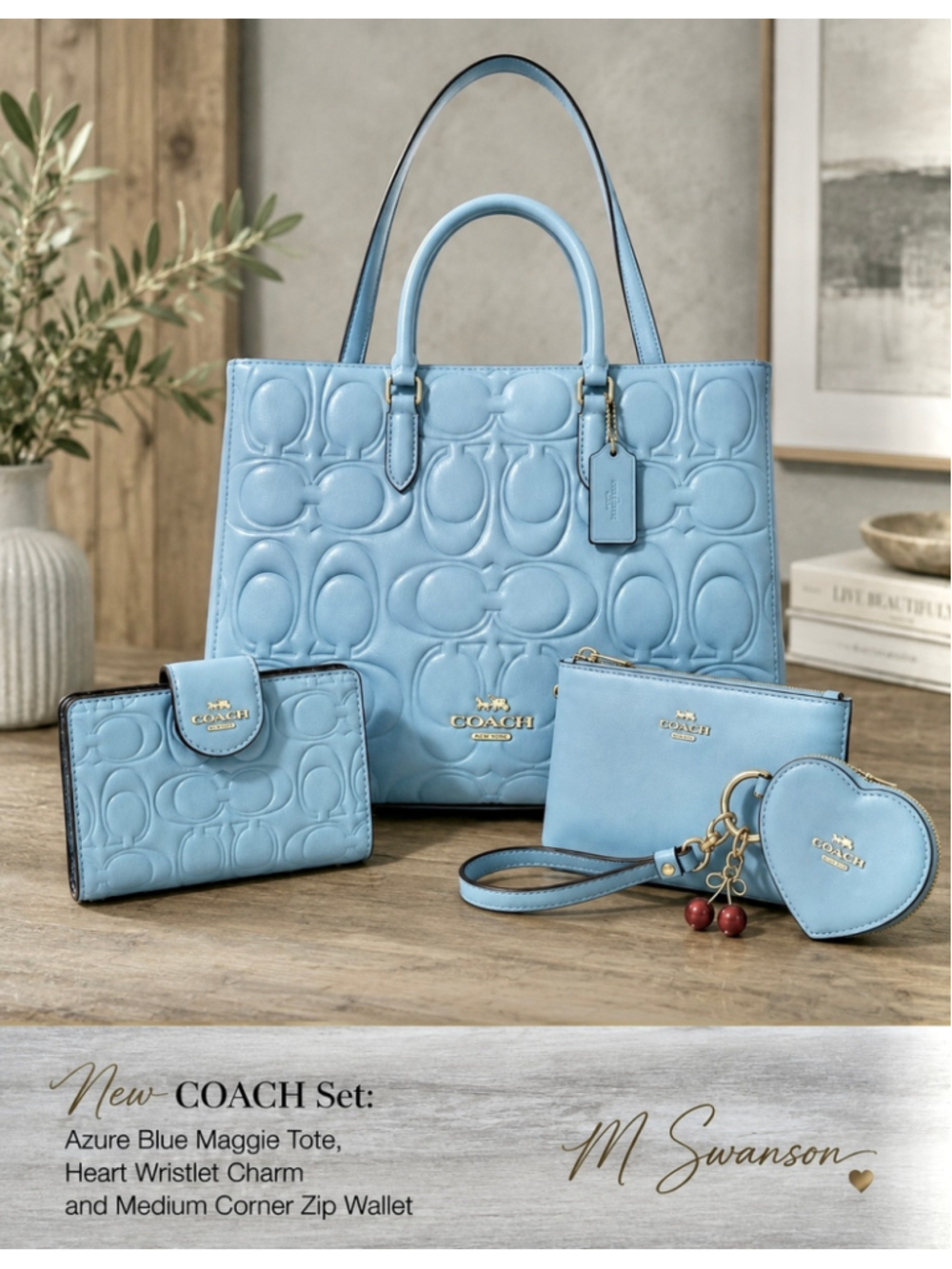 NEW Coach Maggie Tote Bag Azure Blue Signature Leather + wallet + wristlet NWT